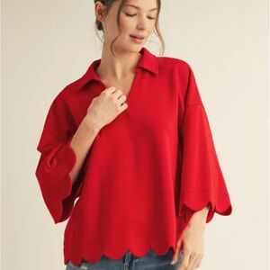 Red Scalloped Hem Women's Top JODIFL